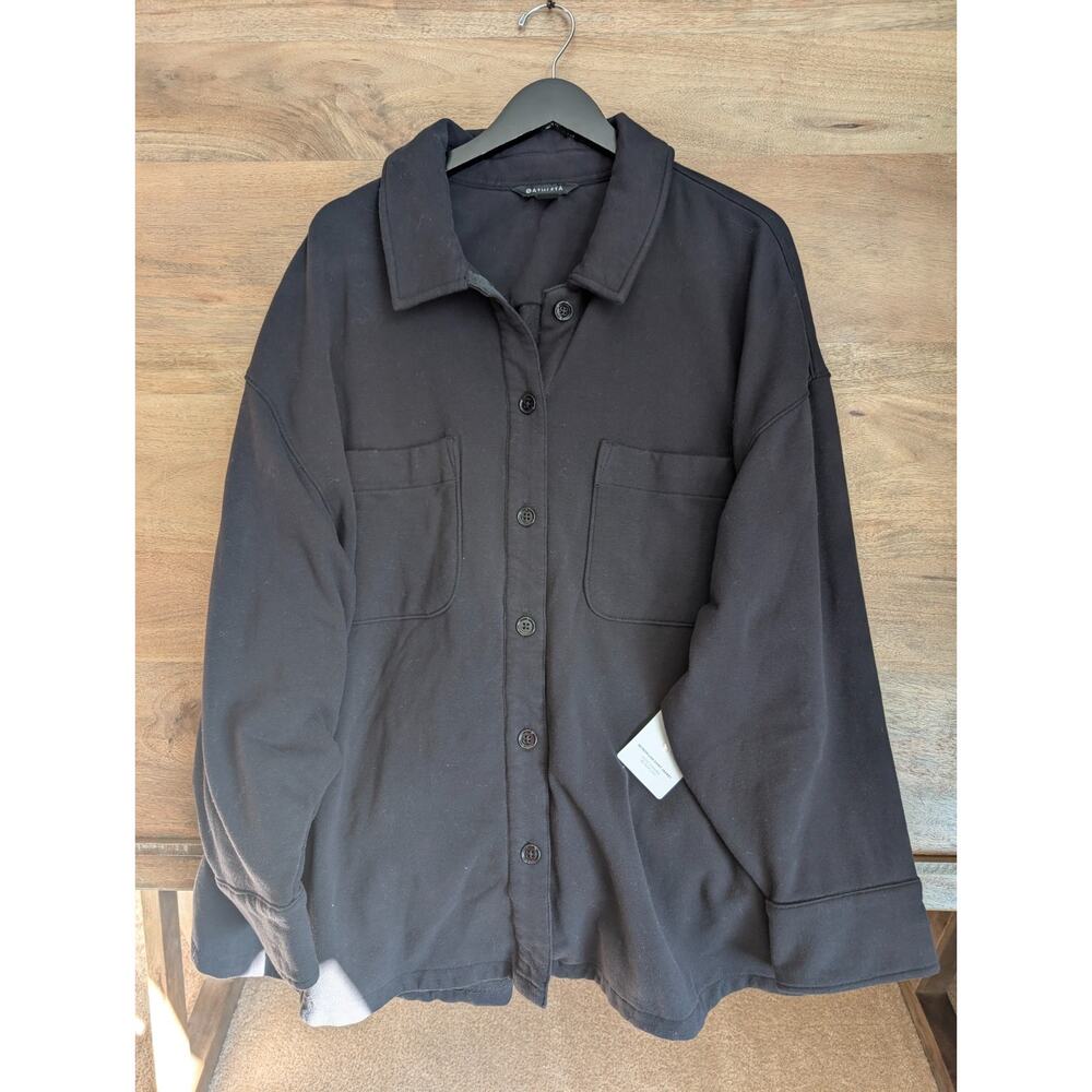 Athleta Retroplush Shirt Jacket Girls 3X Black Collared Button Up Shacket NWT